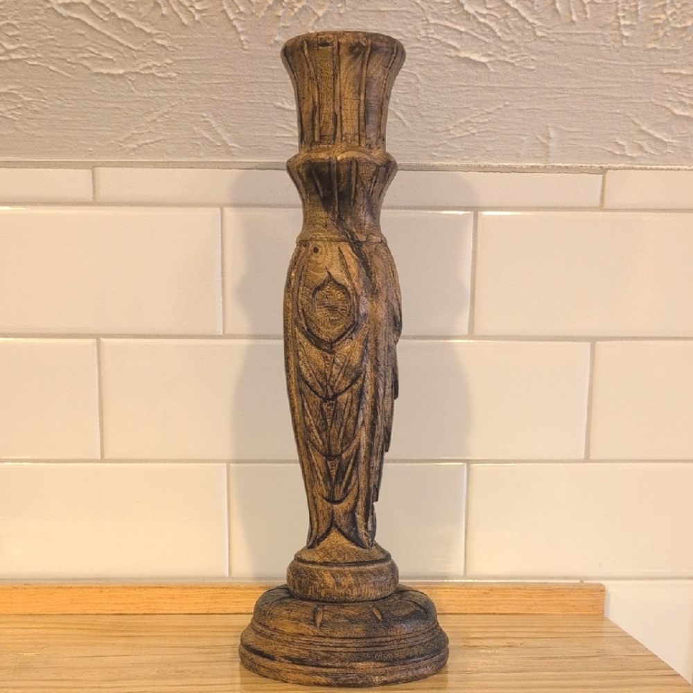 Vintage Wood hand carved, 2 piece tapir candle holder. 12.5" tall